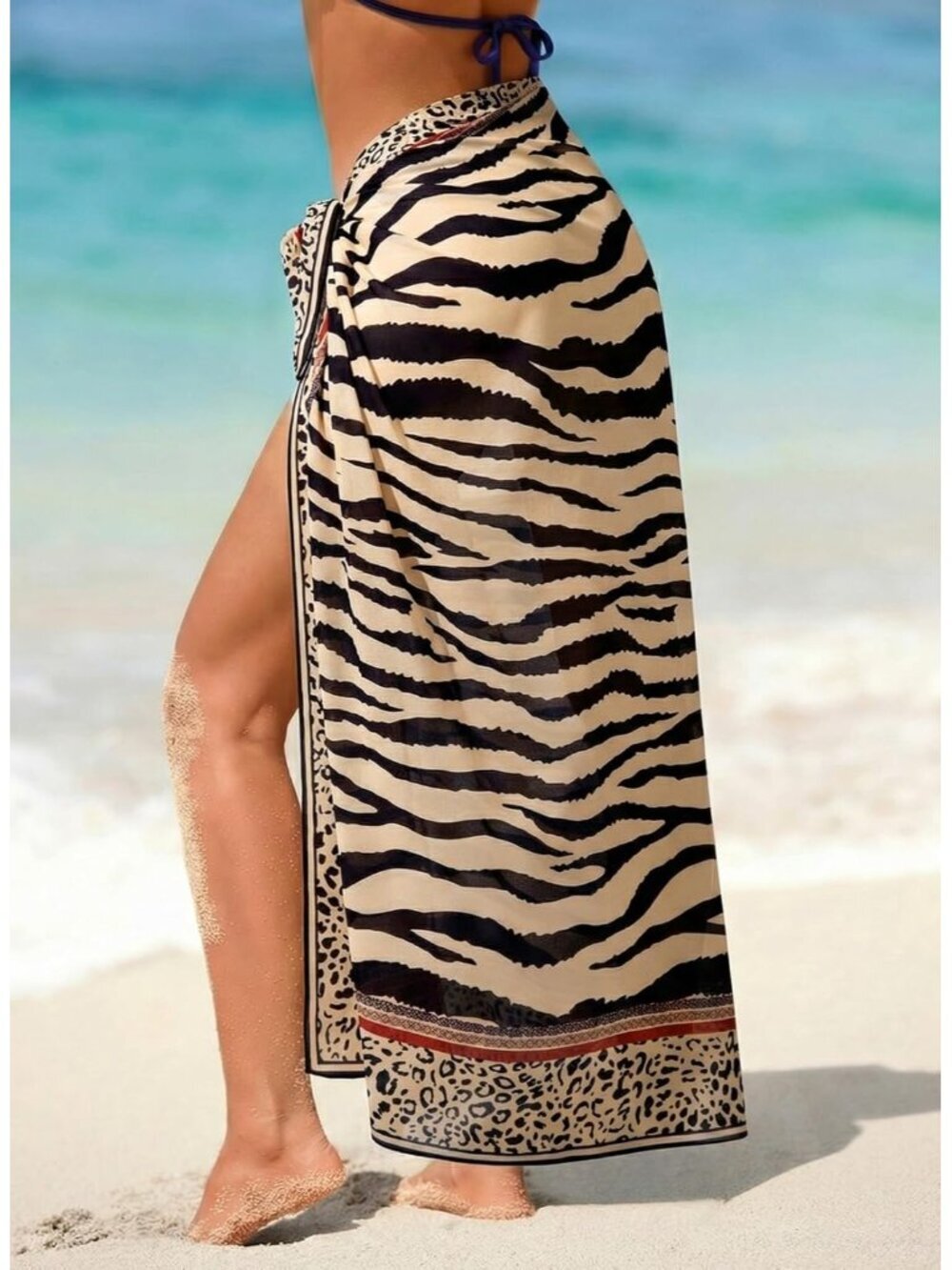 Women's Animal Stripe Pattern Swimsuit High Slit Summer Floral Print Wrap Beach - Picture 2 of 6
